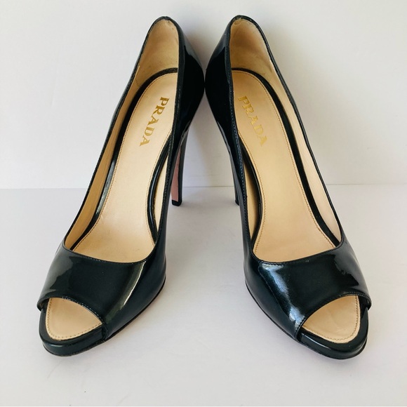Prada Peep Toe Open Toe Black Patent Leather Pumps Heels - Picture 5 of 15